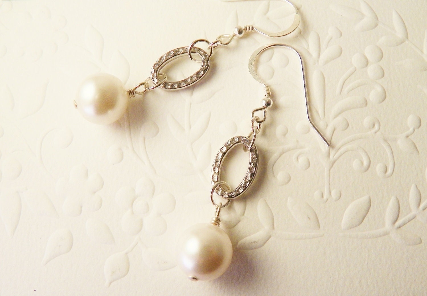 White Swarovski Pearl Earrings With Silver Oval Links - JanMarieArts