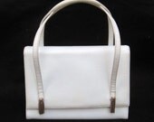 Vintage 50s 60s Mad Men White Embossed Leather Fancy Gold Tassel Handbag Purse