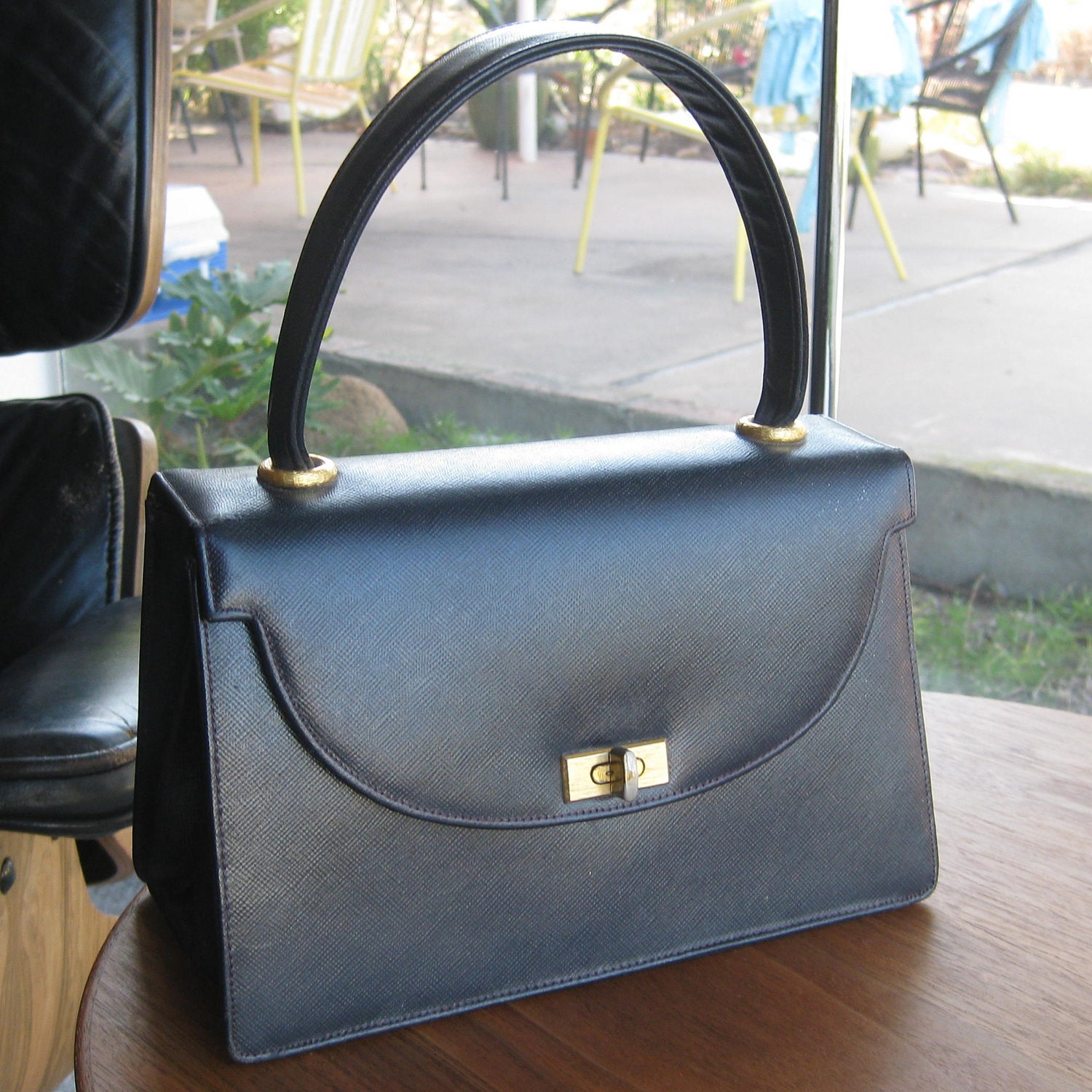 Vintage 50s 60s Navy Blue Mad Men Vinyl Kelly Bag Purse Handbag