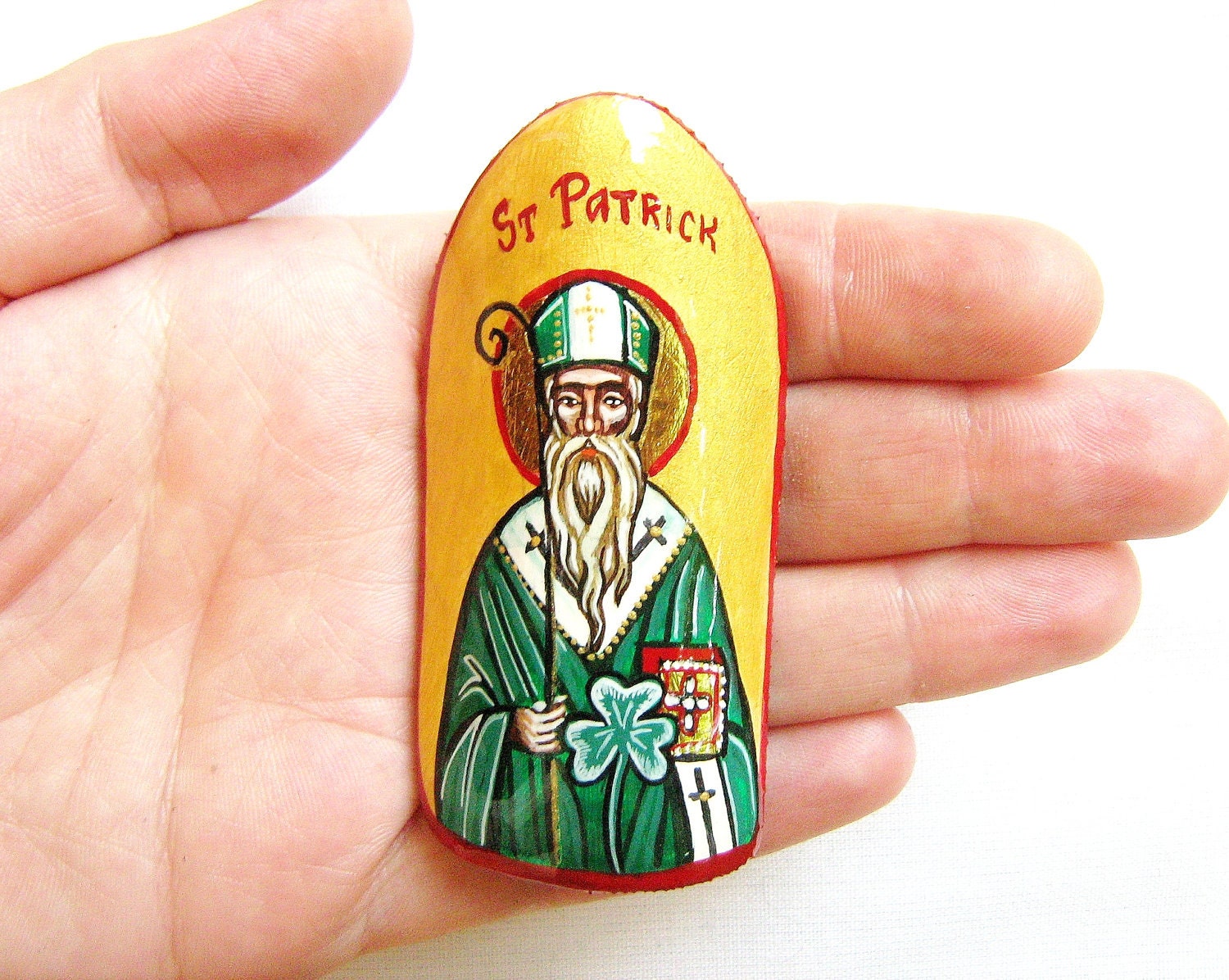 Saint Patrick with shamrock - Miniature handpainted icon painting on ceramic tile