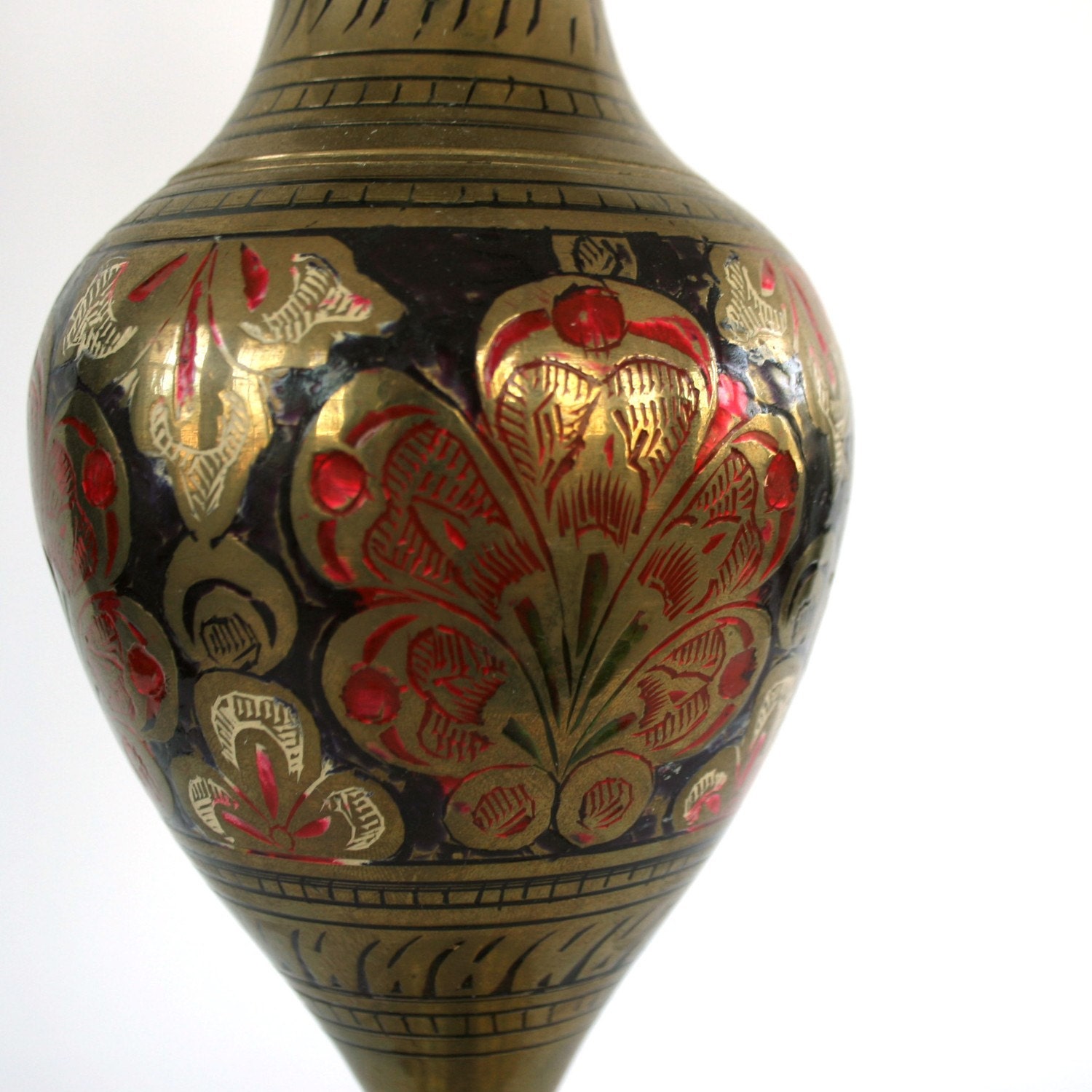 Vintage Brass Bud Vase. Ruby Red. Green. Gold. Floral Engraving. Patina. Flowers. Leaves. Leaf. Middle Eastern. Vestiesteam. Rhapsody Attic.