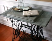 SALE. Sewing Machine Table. Cottage Chic Beach House. Grey Blue Entryway. School Desk. Singer Treadle. Farmhouse Rustic. Industrial.