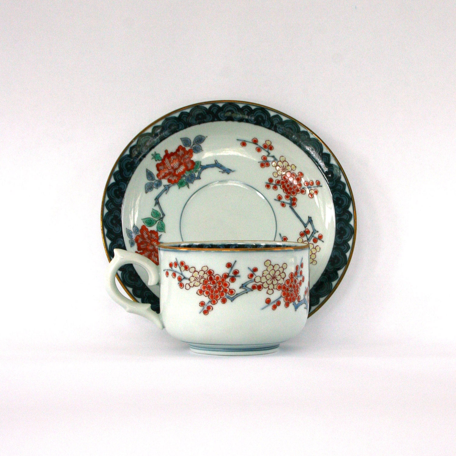 Vintage Japanese Tea Cup Set. China. Cup and Saucer. Plate. Cherry Plum Blossoms. Blue. Orange. Gold. Coffee. Feminine. Rhapsody Attic.