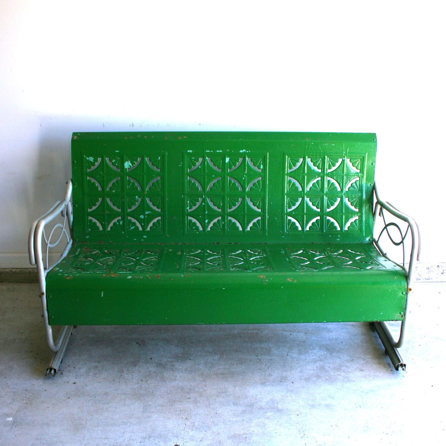 Spring Green Vintage Glider. Metal Bench. Industrial Home Decor. Retro Patio Funiture. Cottage. Couch Chair. Kelly Grass Green. Geometric.