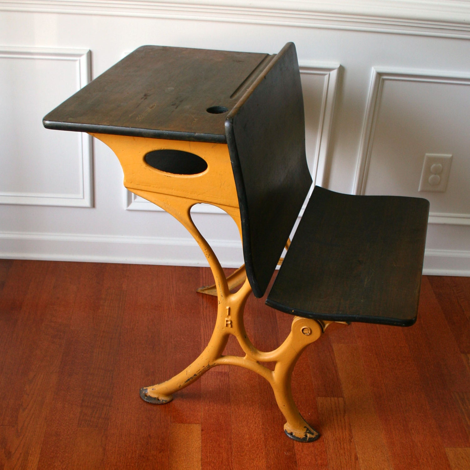 Industrial School Desk Bench Desk Chair. Bamboo Mustard Yellow. Shabby Chic. Childrens. Elementary. Mustard Orange. Fall Autumn Home Decor.
