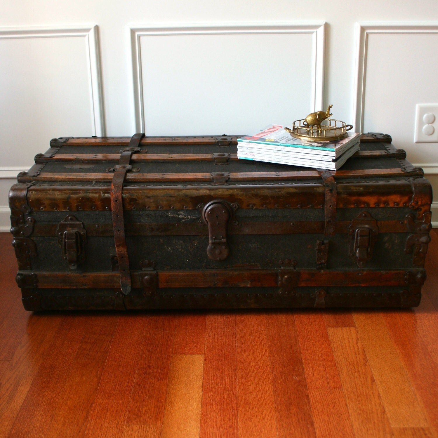 Huge Antique Steamer Trunk. Coffee Table. Flat Top. Canvas. Slatted. Wood and Leather. Metal. 1800s. Fall Autumn. Industrial Home Decor.