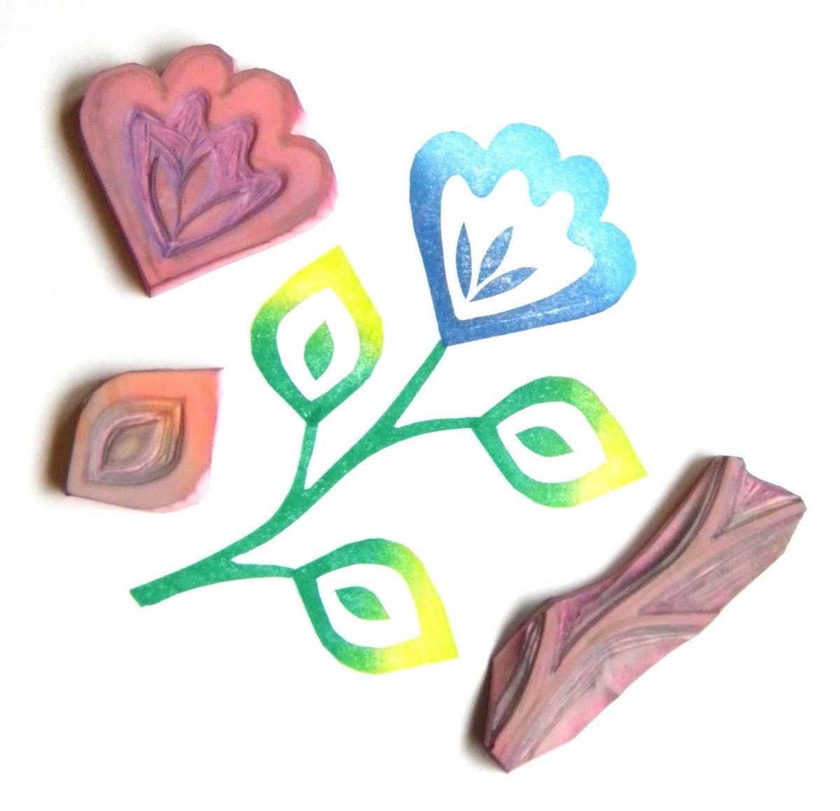 Large set of 3 hand carved rubber stamps - folk art flower stem, leaf and flower