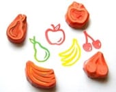 Fruit rubber stamp set of 4 - hand carved apple, cherries, pear and bananas stamps