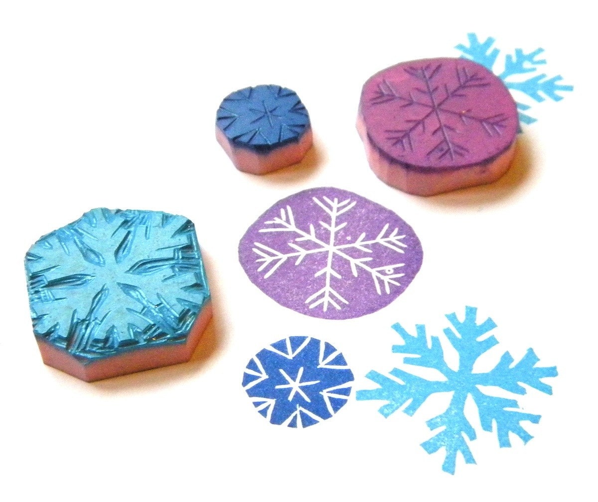 Snowflake rubber stamp set - handcarved set of 3