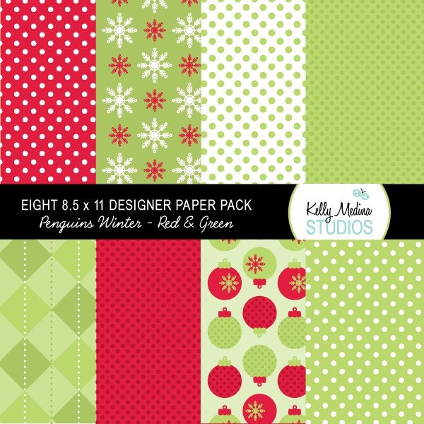 Christmas Penguin Winter Red and Green - Designer Paper Pack Set Digital Elements for Cards, Stationery and Paper Crafts and Products