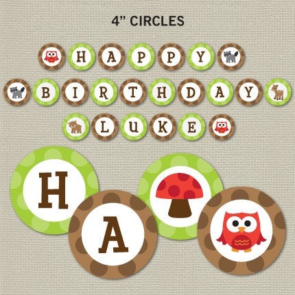 Woodland Animals - Custom 4 inch Circle Birthday Banner -  Personal Use Banner, Large Label, Paper Crafts and Products