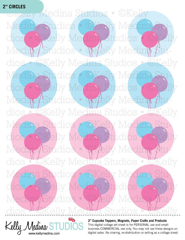 Balloons - Pink Blue Lavender - 2 inch Circle Printable Sheet - Commercial use for Cupcake Toppers, Magnets, Paper Crafts and Products