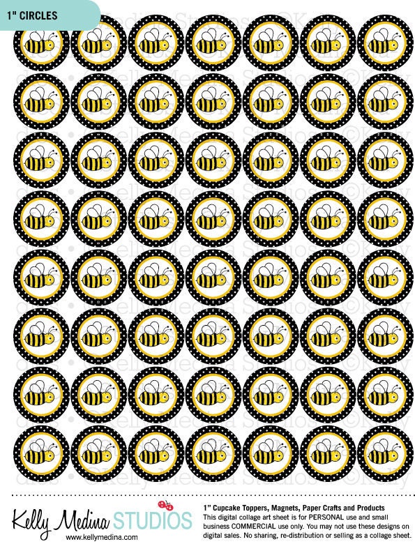 Bumble Bee - Black - 1 inch Circle Digital Collage Sheet - Commercial use for Cupcake Toppers, Magnets, Paper Crafts and Products