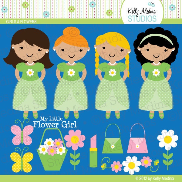 Girls and Flowers - Clip Art - Digital Elements Commercial use for Cards, Stationery and Paper Crafts and Products