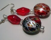Beaded Red and Silver Dangle Earrings