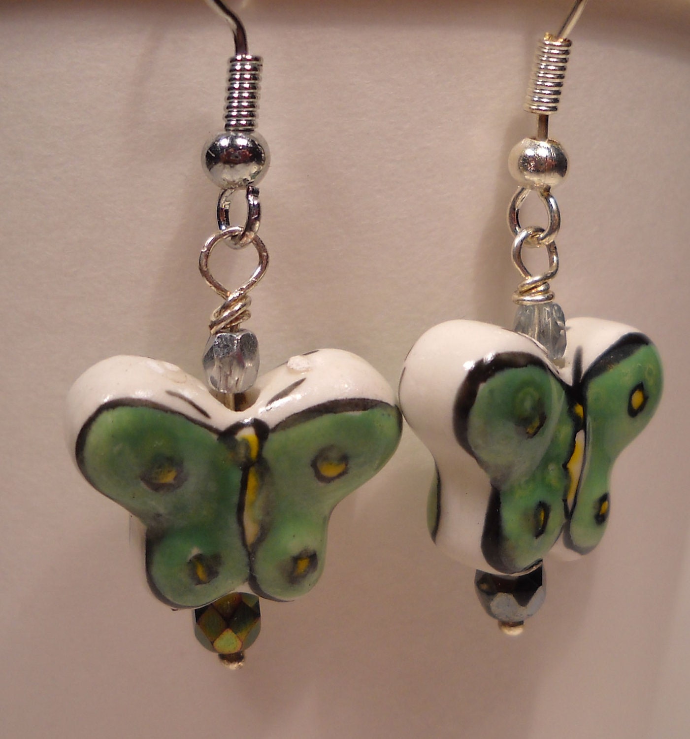 Green Butterfly Earrings, Beaded, Dangles, Boho, Hippie, Fun, Funky, Happy, Teen, Porcelain
