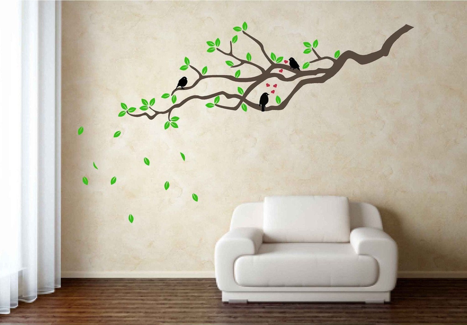 SALE Love birds on a branch with falling leaves large wall decal