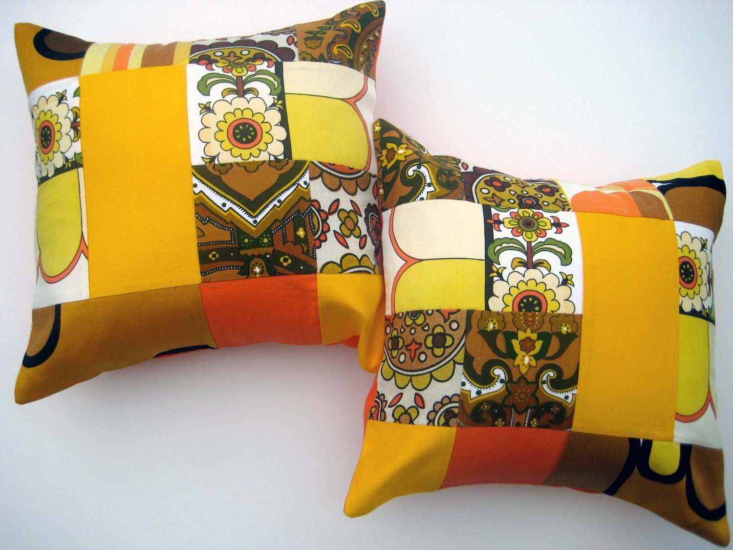 Autumn Throw Pillow Covers Vintage Fabric Patchwork PAIR 16 Inch 40 cm