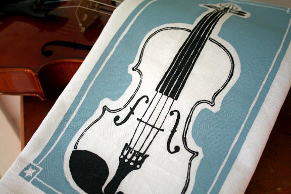 Tea Towel. Fiddle or Violin. Light Blue and Gray. Hand Screen Printed.