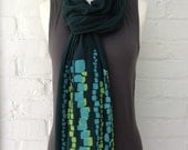 Screen Printed Cotton Jersey Scarf. Teal and Lime. River Rocks Pattern.