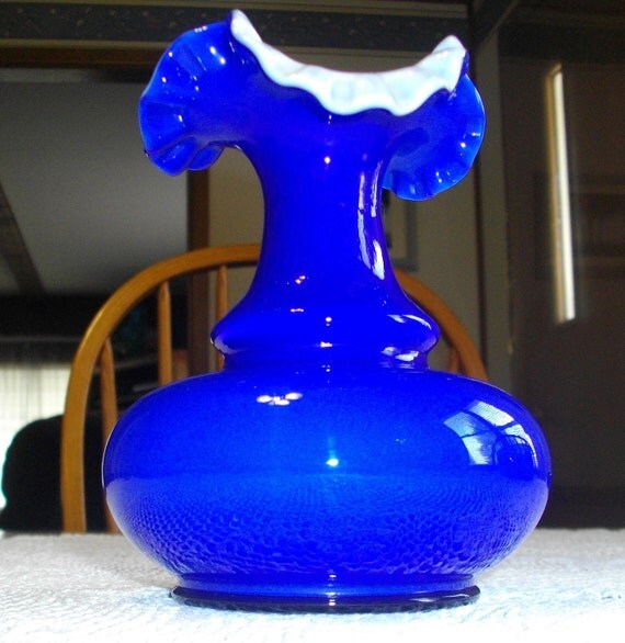 FENTON 6 inch Cobalt Blue Milk Glass Overlay Vase by nowthen10