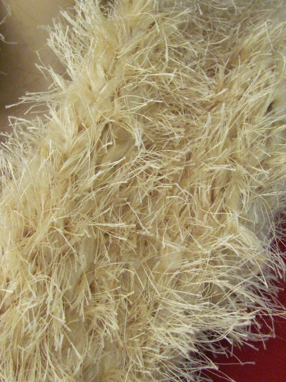 Two tone champagne beige, boa /scarfhand knitted, extra long, in eyelash yarn and wool