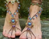 HULA HOOPING BAREFOOT sandals mustard yellow brown belly dance yoga soleless sandals Toe anklets Beach foot jewelry nude shoes GPyoga