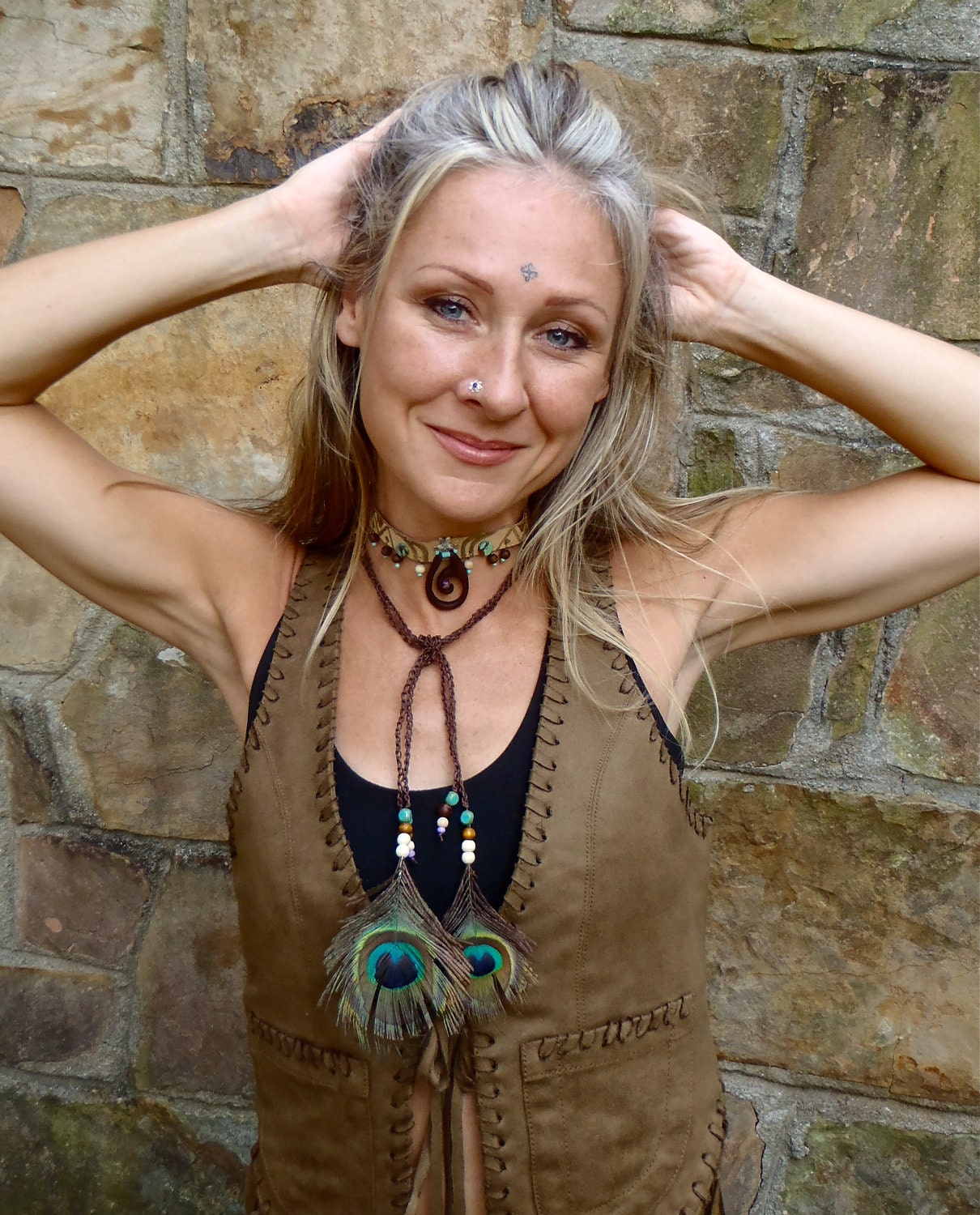tribal HEADBAND choker with BALI spirit pendant genuine leather PEACOCK feathers gemstones and wooden beads