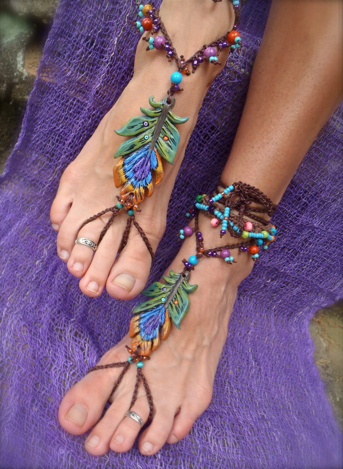 reserved GYPSY BAREFOOT sandals PEACOCK feather bridal sandals made to order hippie hula hooping belly dance foot jewelry beach