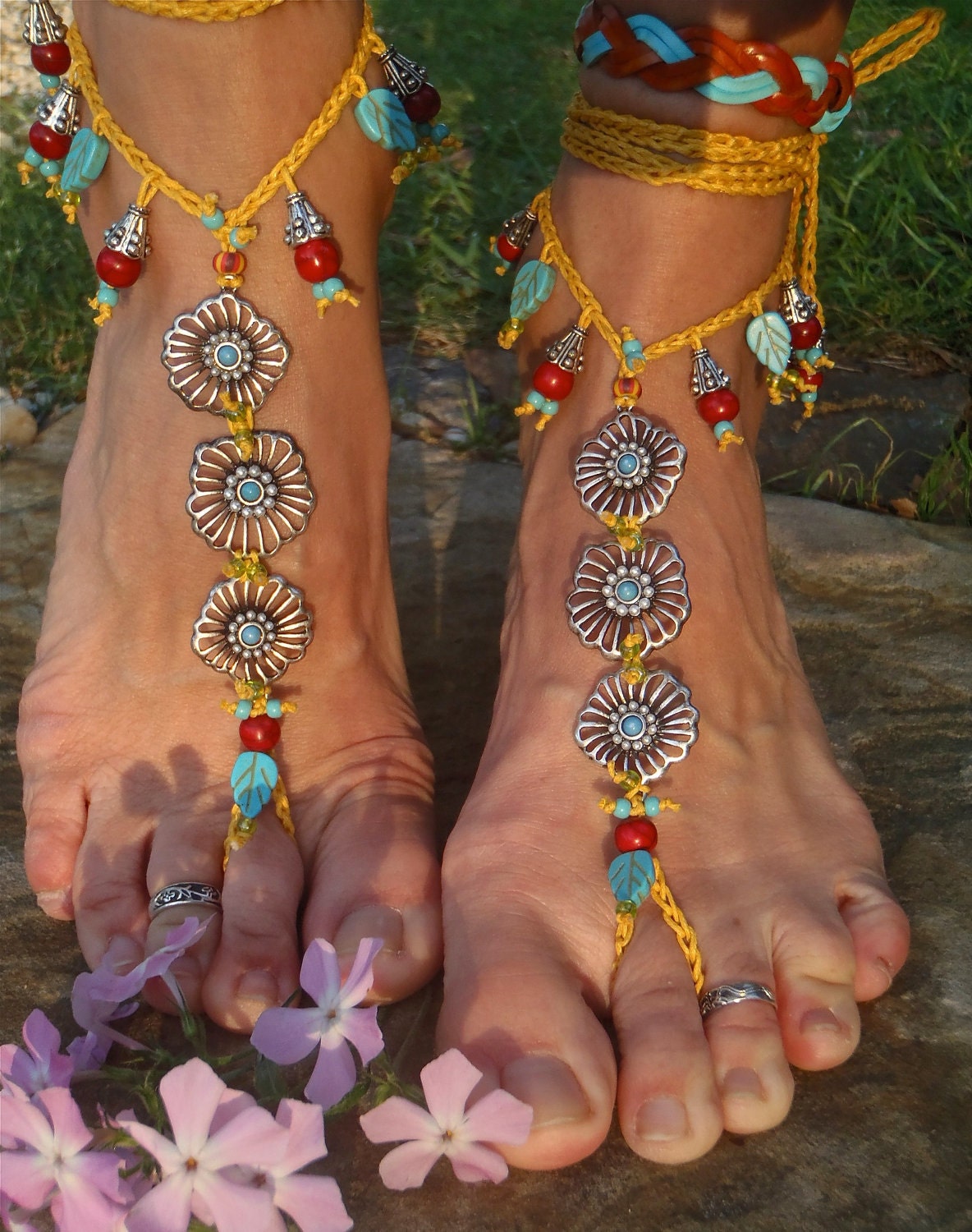 BOHO gypsy yellow BAREFOOT SANDALS rib flowers slave anklet hand made foot jewelry bohemian tribal unique beach sandals