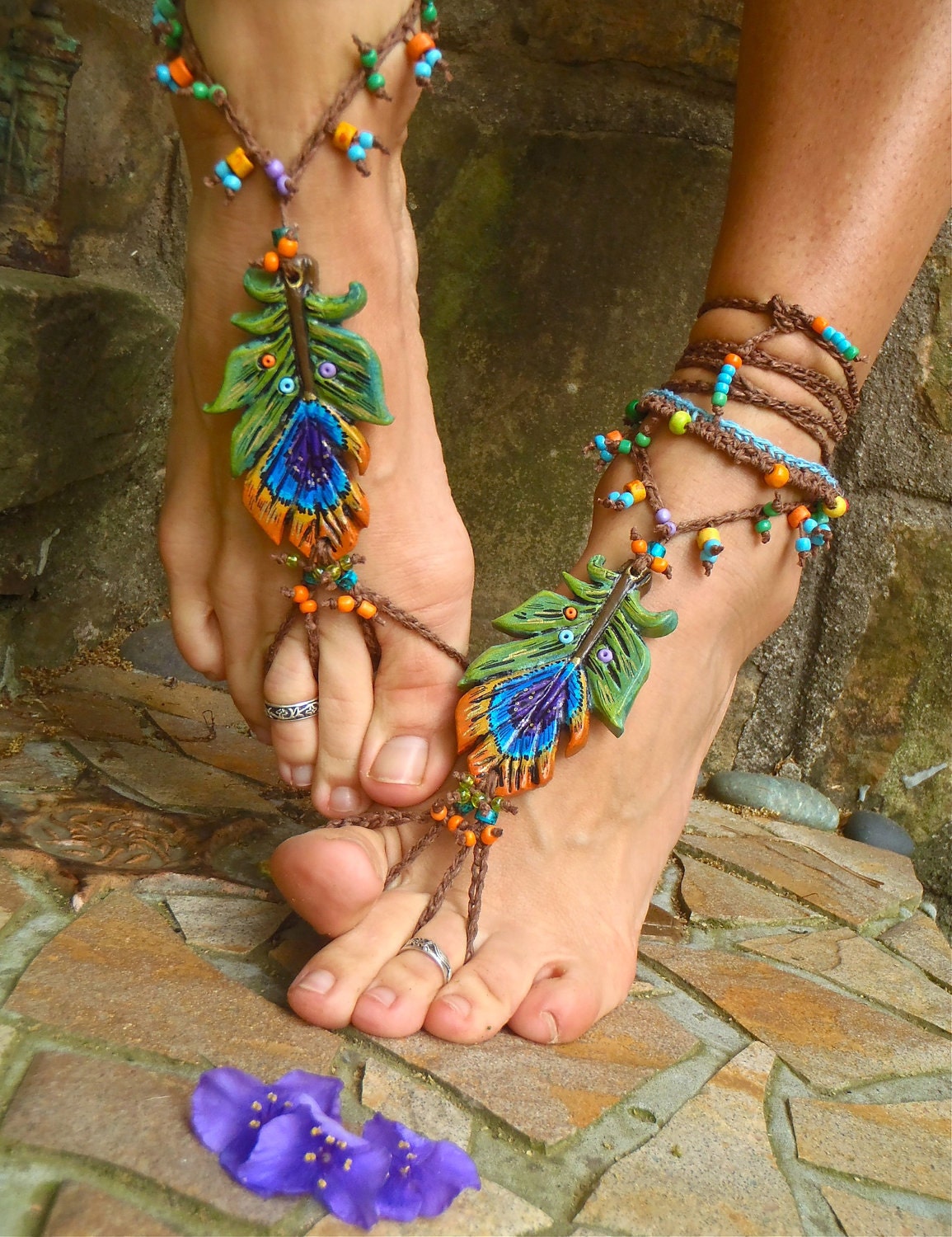 FESTIVAL of colors PEACOCK BAREFOOT sandals peacock feather beach wedding mykonos greek beads made to order hippie foot jewelry beach