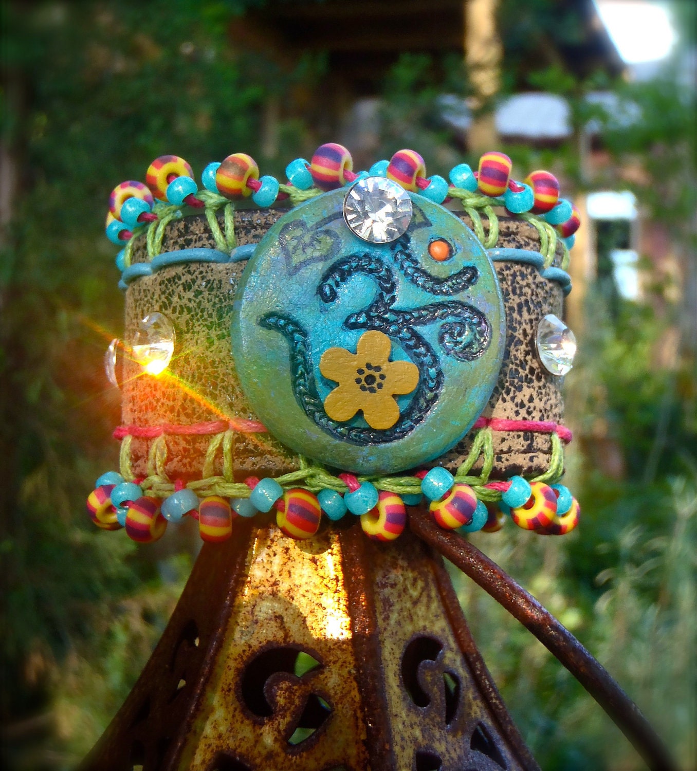 bling OM LEATHER cuff BRACELET swarovski crystals friendship bracelet statement bracelet yoga gypsy hippie hand made jewelry eco jewelry