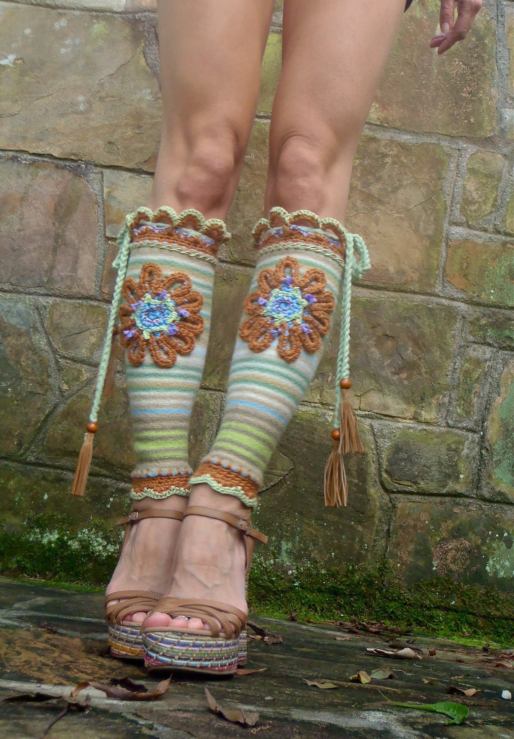 BOHO CHIC leg warmers FLOWER draw string braided headband leather tassels upcycled unique