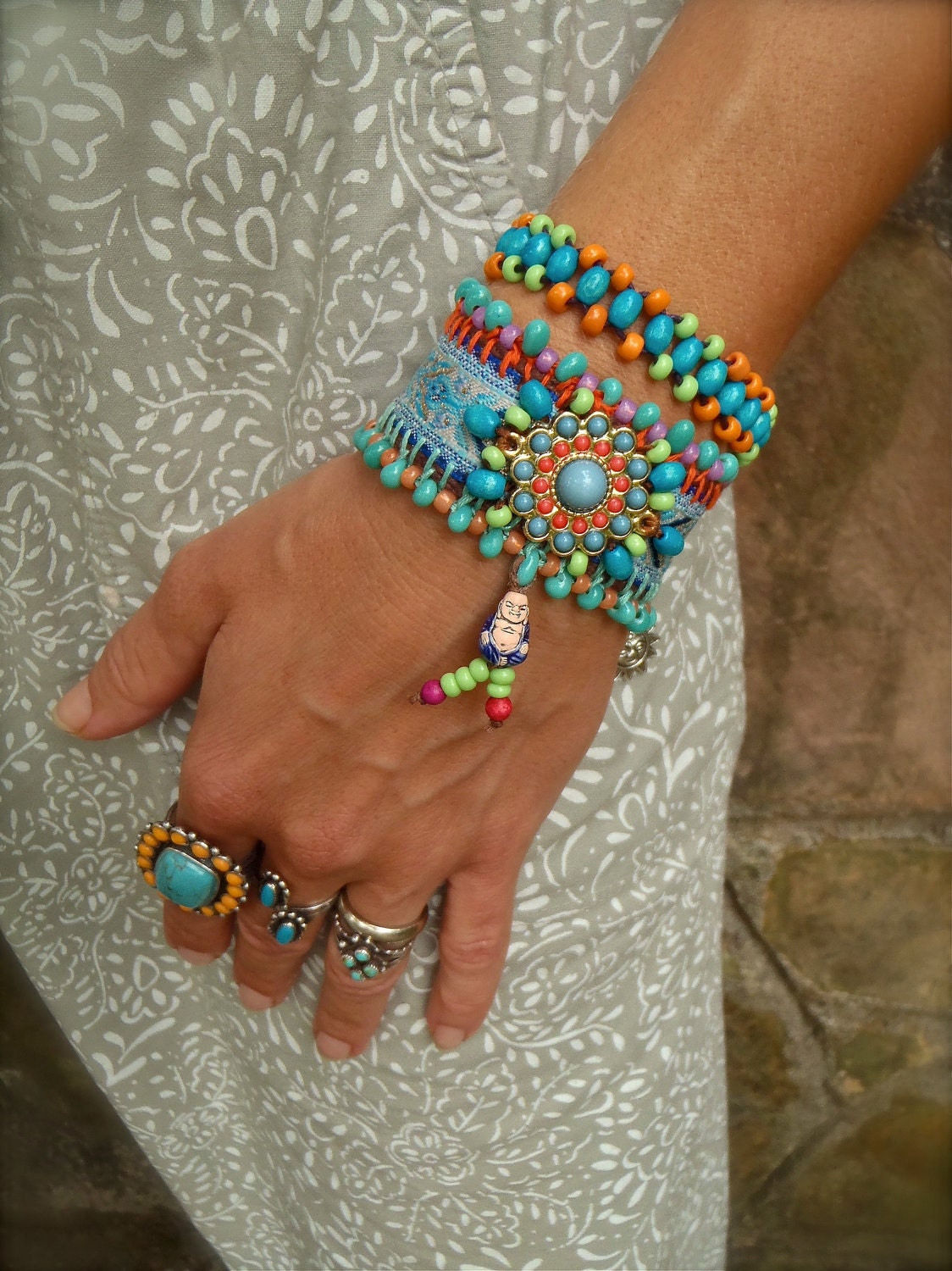 INDIE BUDDHA cuff BRACELET tribal neon colors friendship bracelet statement bracelet beaded bracelet yoga gypsy hippie hand made jewelry