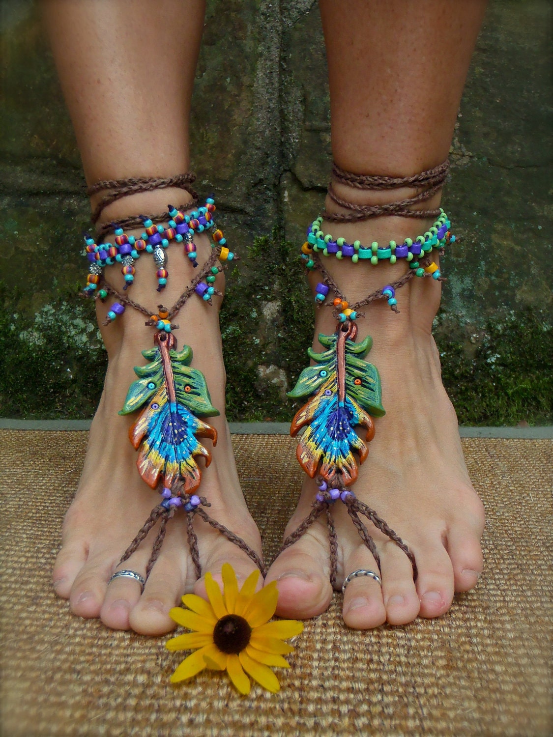 PEACOCK BAREFOOT sandals peacock feather beach wedding slave anklets sole less shoes photo props hippie foot jewelry beach