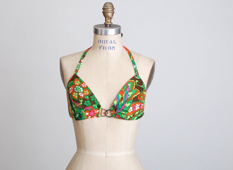Vintage 60s 70s MOD Green & Pink Flower Bikini Swimsuit Top