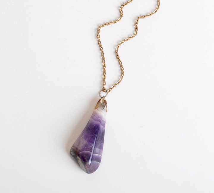 Vintage 70s Amethyst Gemstone Rock Pendant Necklace