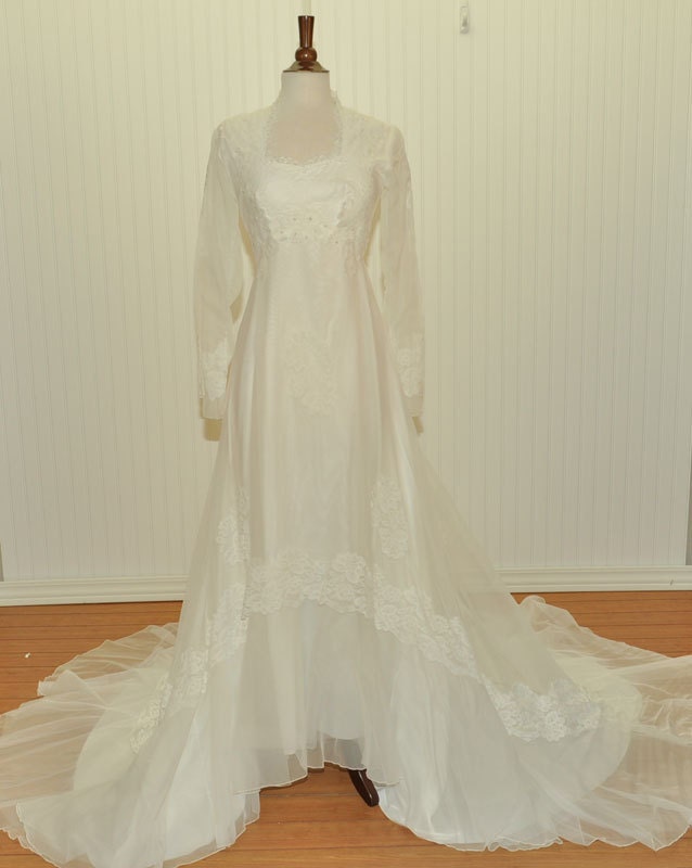 Vintage 1970 Wedding Dress White Chiffon and Lace Trim