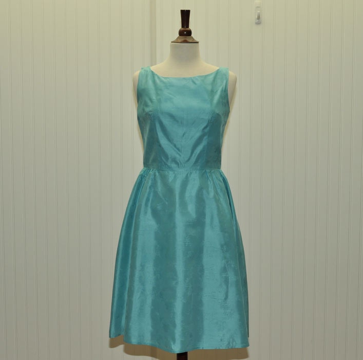 Vintage 1960 Cocktail  Prom Party Bridesmaid Robin's Egg Blue Damask Dress