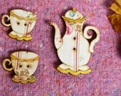 Pretty buttons mad tea party set of wooden and fabric buttons Rococo Baroque Lewis Carol Alice in Wonderland Crafts, scrap booking Cards