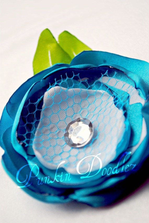 Bright BLUE and White Singed Satin Flower with Leaves. Can be made as hair clip or brooch pin.