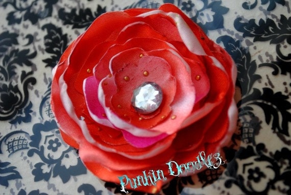 Orange and Pink Marbled Singed Satin Fabric Flower with Gold Speck Accents Hair Clip or Pin