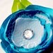 Bright BLUE and White Singed Satin Flower with Leaves. Can be made as hair clip or brooch pin.