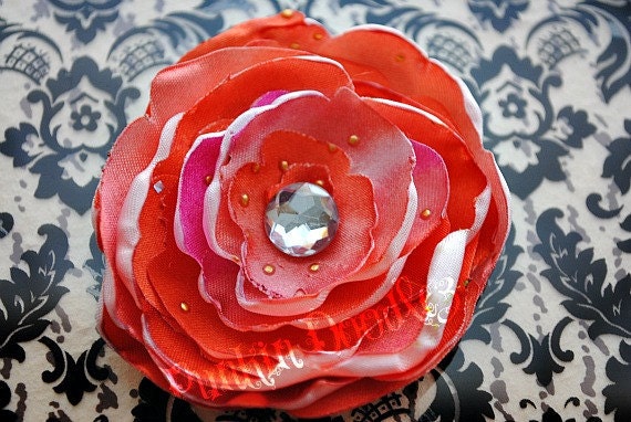 Orange and Pink Marbled Singed Satin Fabric Flower with Gold Speck Accents Hair Clip or Pin