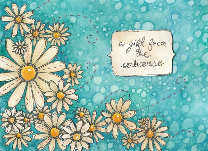Original Art Watercolour Painting turquoise orange flower gem 3D - A gift from the Universe