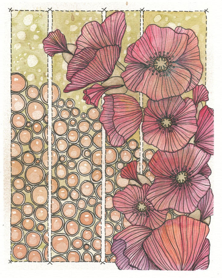 Original Art Mixed Media Watercolour Painting - Poppies