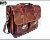 DIAZ Large Geunine Leather Briefcase / Backpack Laptop Messenger Bag in Crazy Horse Dark Brown - (17in MacBook Pro) - Free Shipping -