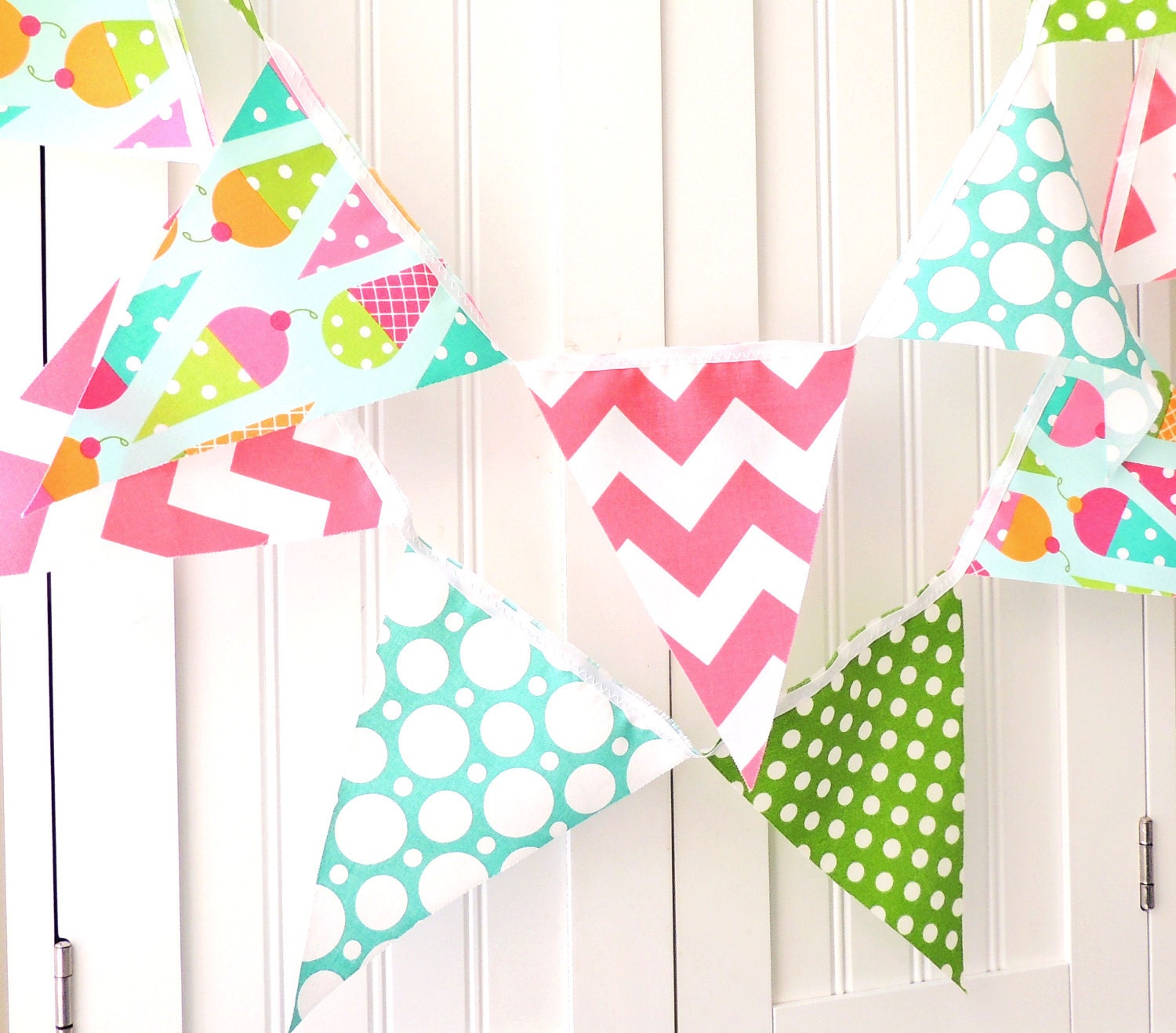 9 Feet Banner, Bunting, 21 Fabric Pennant Flags, Ice Cream Cones, Polka Dots, Pink Chevron, Girl's Birthday Party Decor