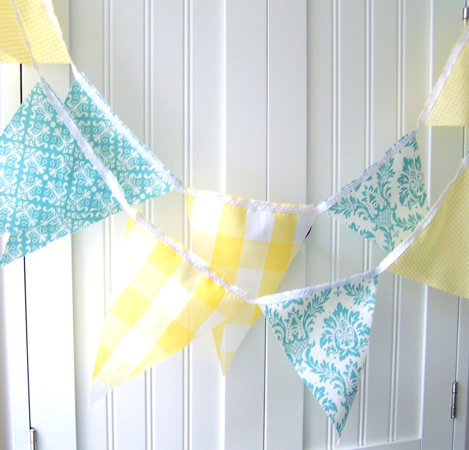 9 Feet of Banner, Bunting Flags in Aqua Blue Damask and Vintage Sunshine Yellow Gingham, Wedding Decor, Baby Nursery Decor