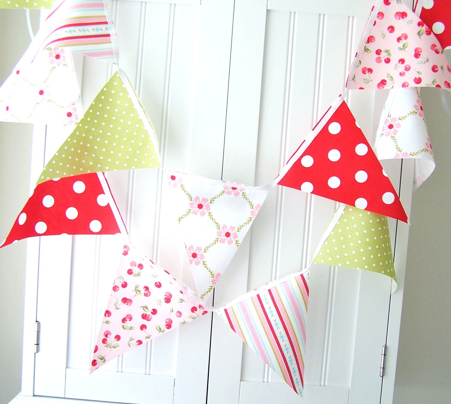 9 Feet Banner, Bunting, Red and Green Polka Dots, Pink Flowers, Cherries, Summer Wedding Decor, Baby Nursery Decor, Girl's Birthday Party